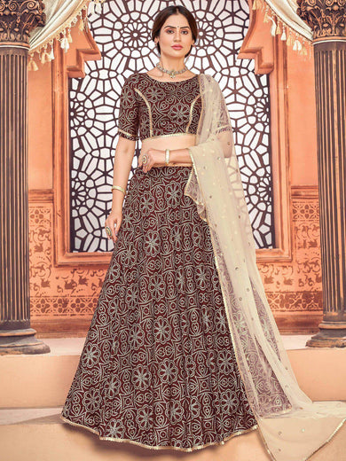 Maroon Metallic Foil Printed Taffeta Silk Festive Lehenga Choli